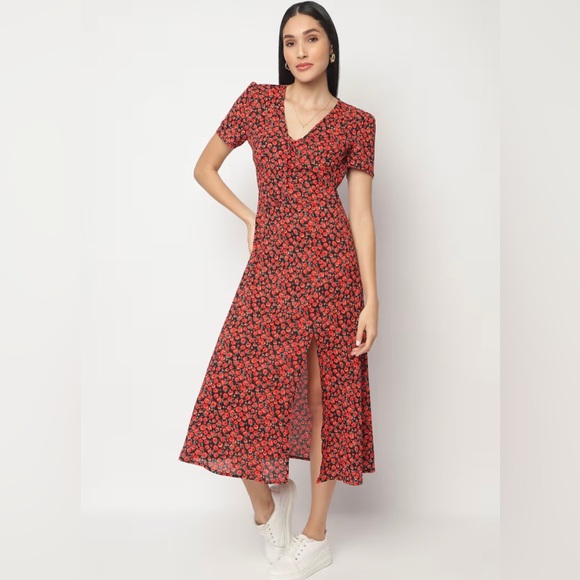 MissGuided Half Button Midi Tea Dress Short Sleeve Floral - Picture 5 of 9